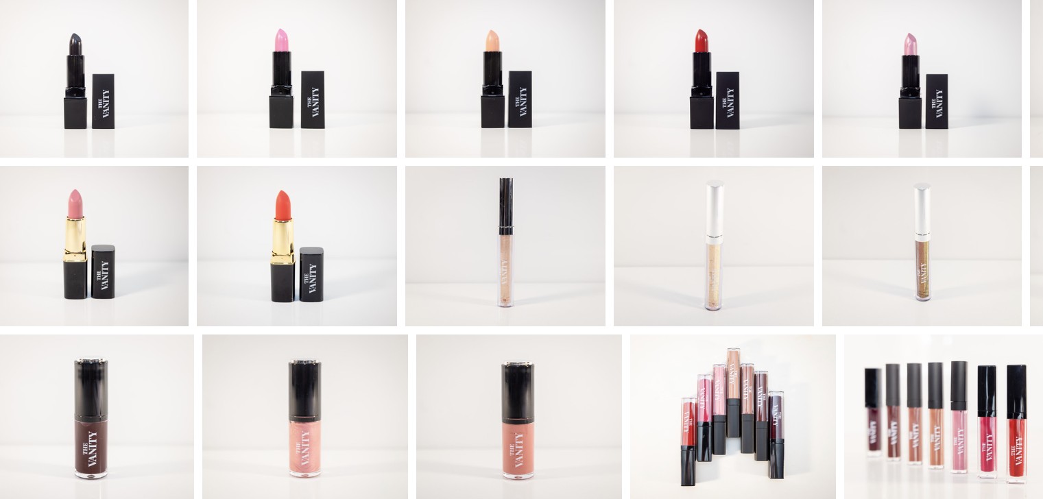 THE VANITY lipsticks, glosses and liquid lip colors photographed on white